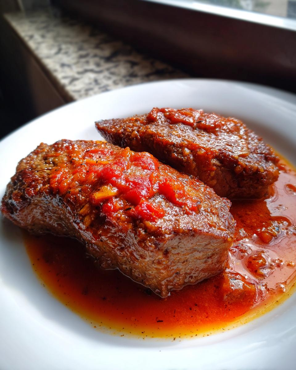 Two pieces of seared steak covered in a chunky red tomato sauce, served in a white bowl, ready for steak pizzaiola.