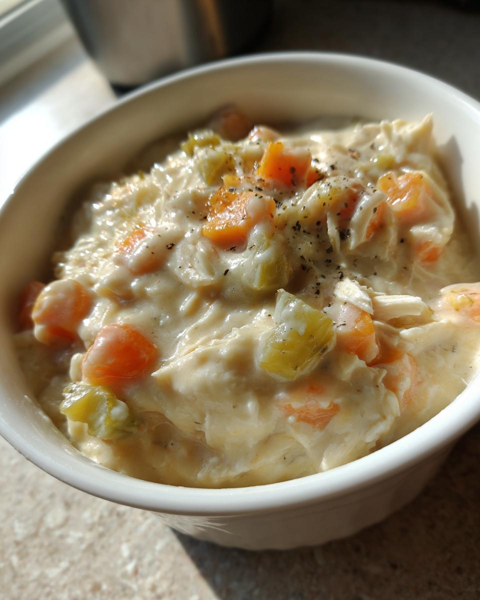 Close-up of thick, creamy cream of chicken soup with visible shredded chicken, carrots, and celery, topped with black pepper.