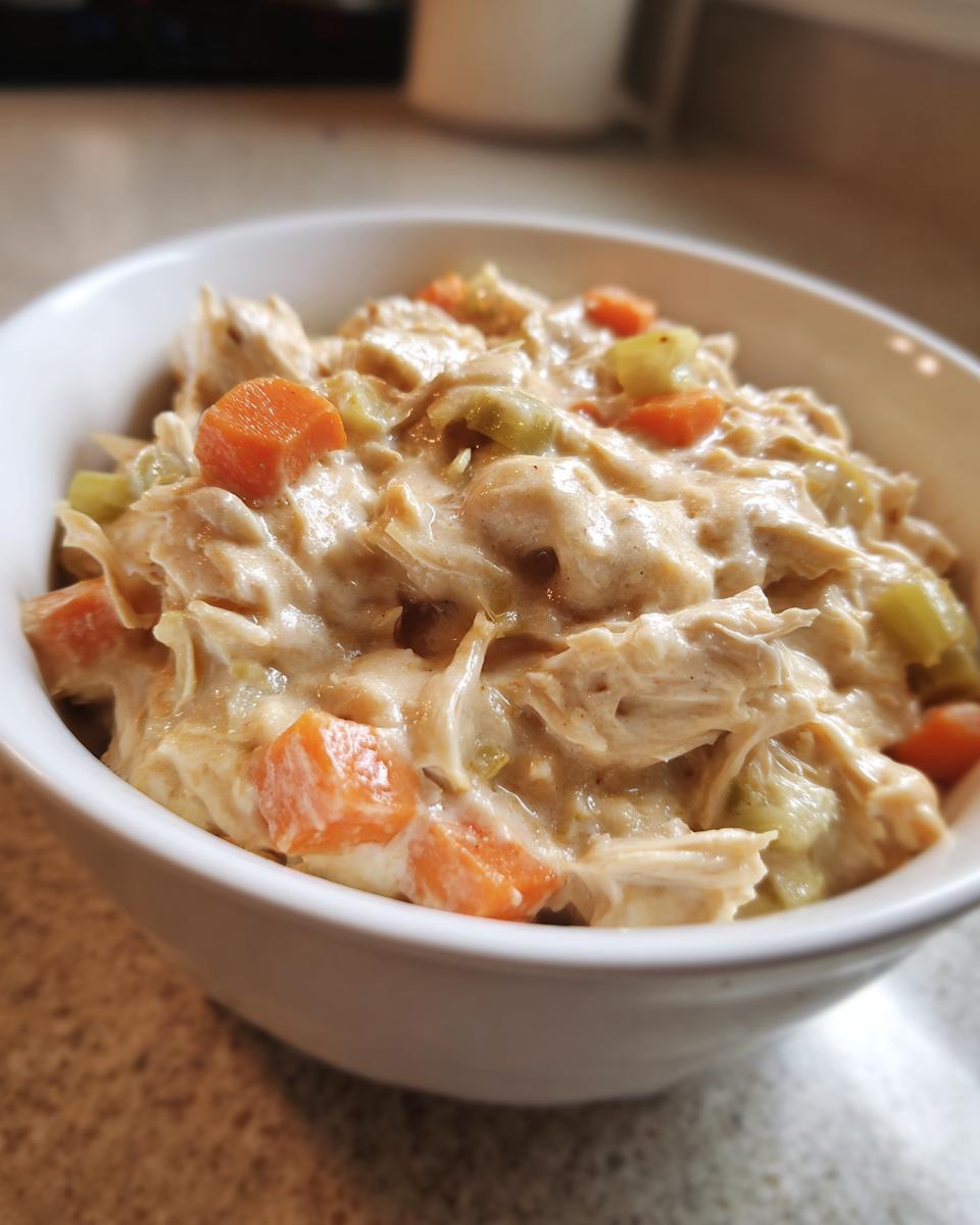 A close-up of thick, creamy shredded chicken mixed with carrots and celery, resembling a rich cream of chicken soup served in a white bowl.