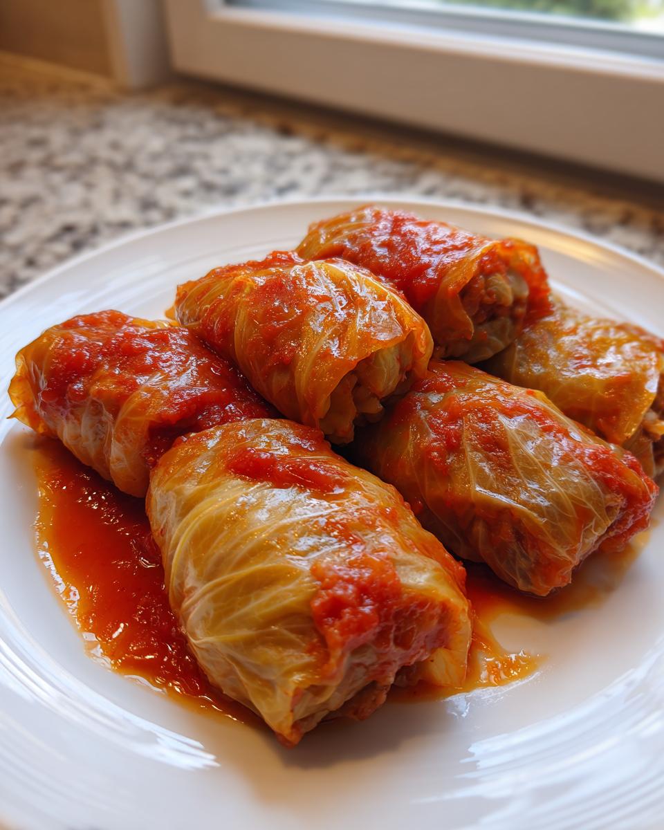 A white plate holding five plump cabbage rolls covered in a rich, red tomato sauce.