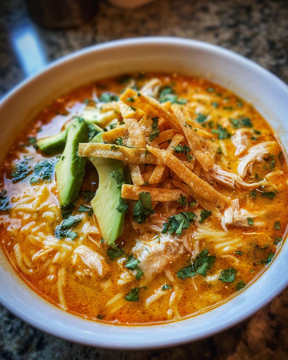 A close-up of a white bowl filled with rich, orange tortilla soup recipe, topped with shredded chicken, avocado slices, crispy tortilla strips, and cilantro.