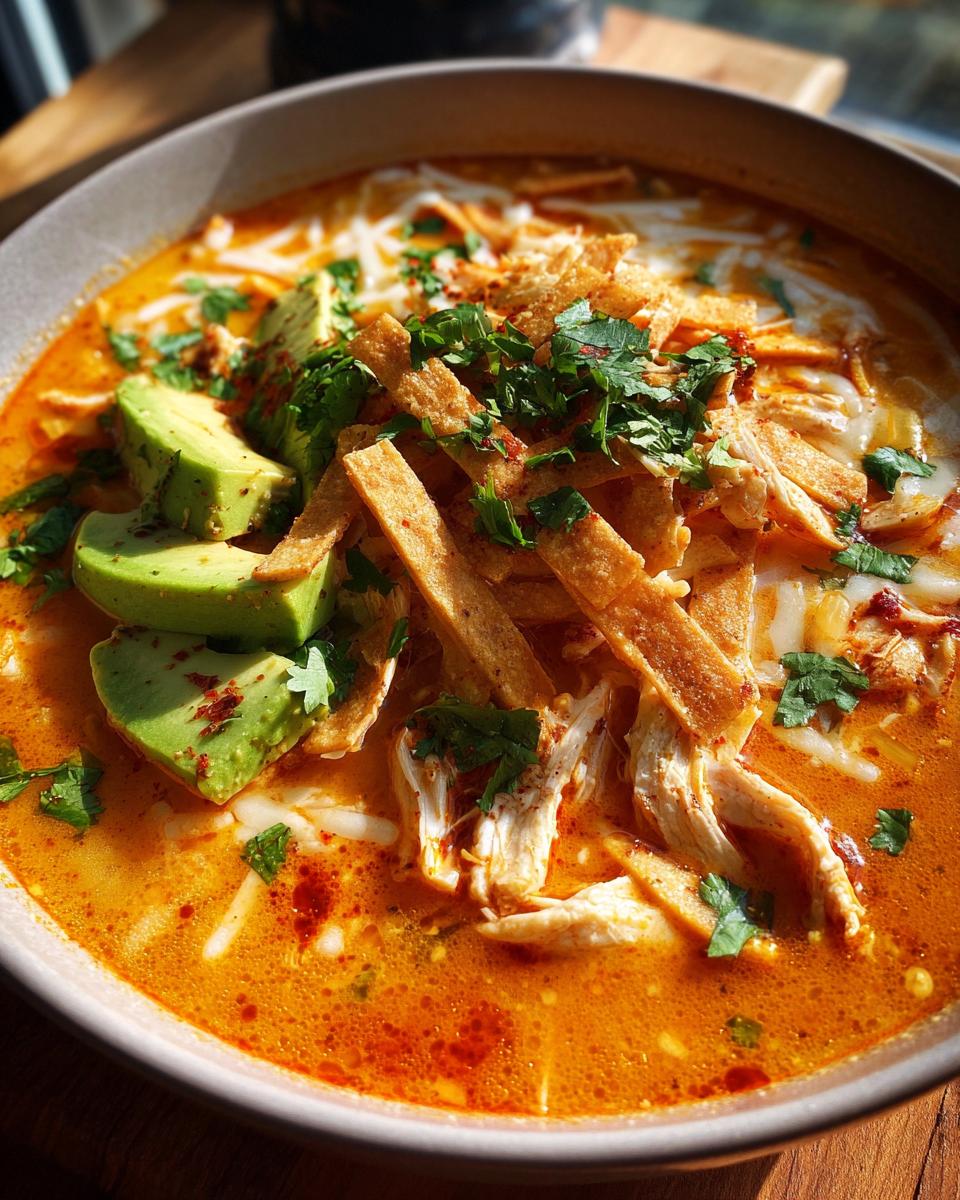 A vibrant bowl of creamy, orange-red tortilla soup recipe topped with shredded chicken, avocado, cheese, and crispy tortilla strips.