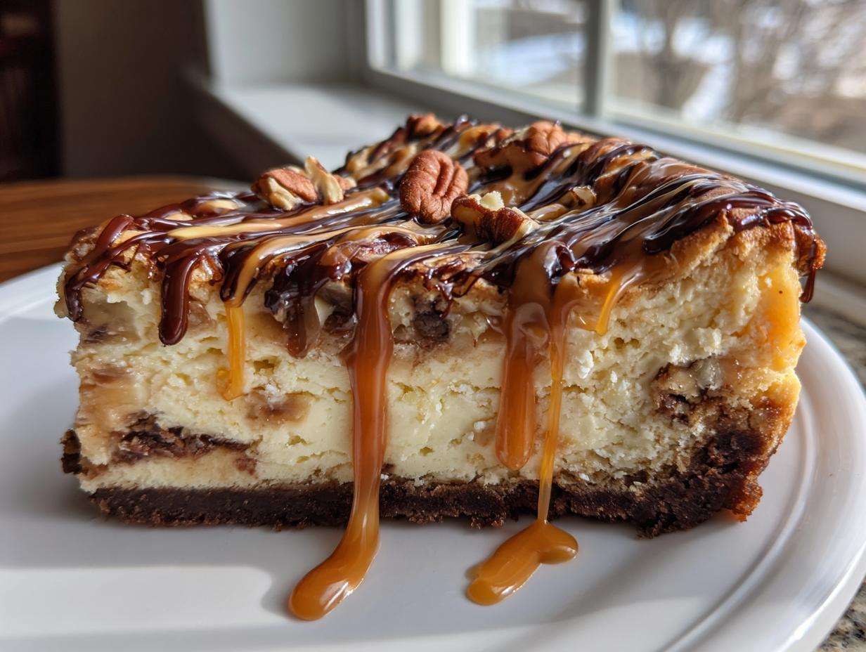 Close-up of a rich slice of turtle cheesecake with thick caramel and chocolate drizzle, topped with pecans.