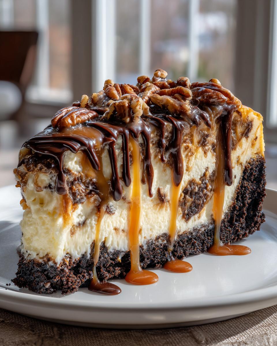 A rich slice of turtle cheesecake featuring a dark crust, creamy filling, dripping caramel and chocolate sauce, topped with pecans.