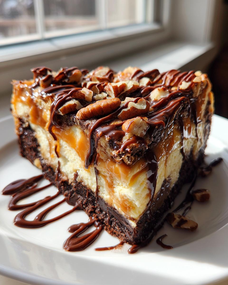 A rich slice of turtle cheesecake featuring a brownie base, creamy filling, caramel, chocolate drizzle, and pecans.