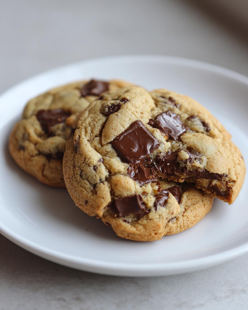 Two soft, thick chocolate chip cookies on a white plate, one broken to show melted chocolate.