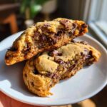 A perfect chocolate chip cookie cut in half, revealing a gooey, melty interior loaded with chocolate chunks.