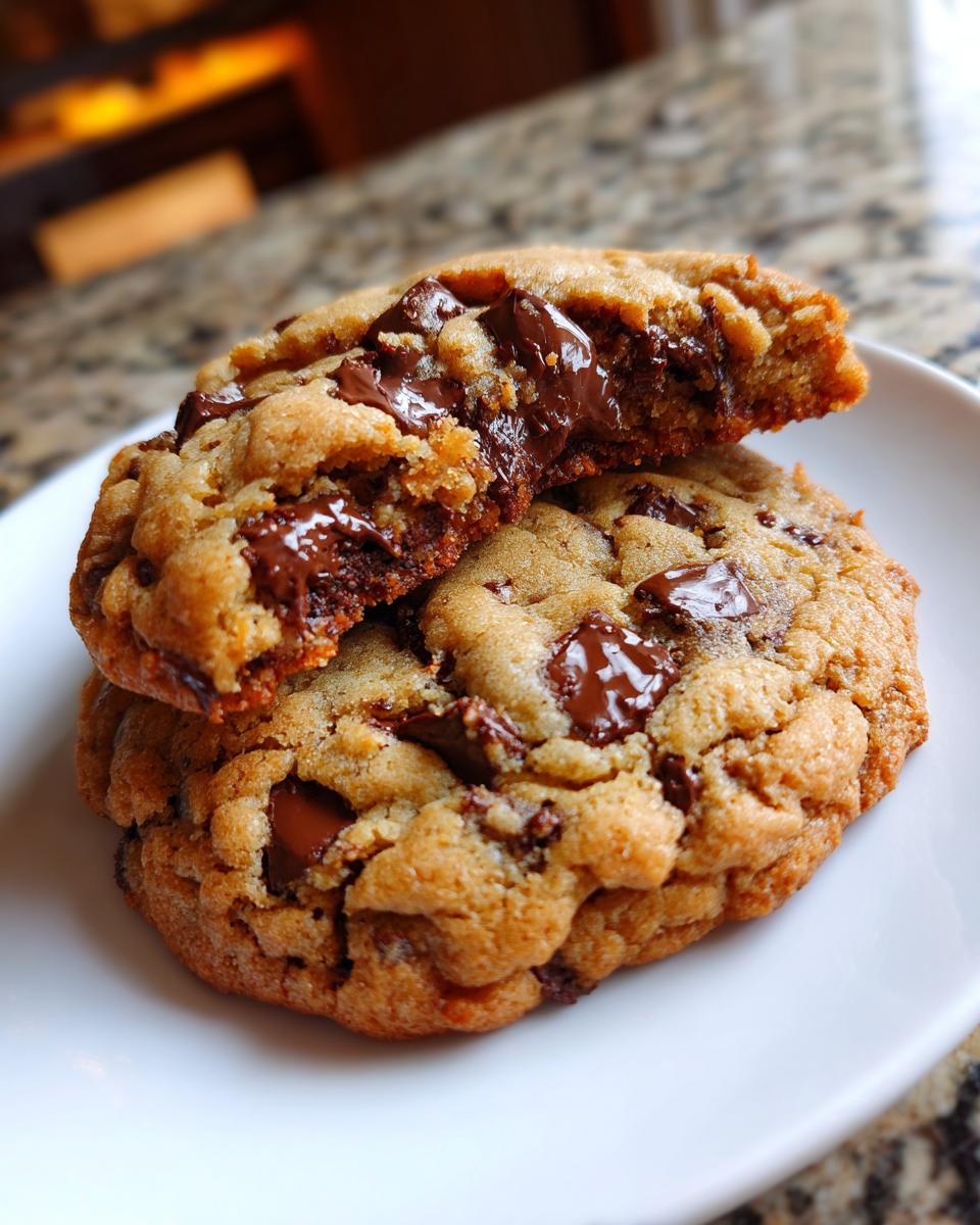 Close-up of a warm chocolate chip cookie broken in half, showing melted chocolate chips.