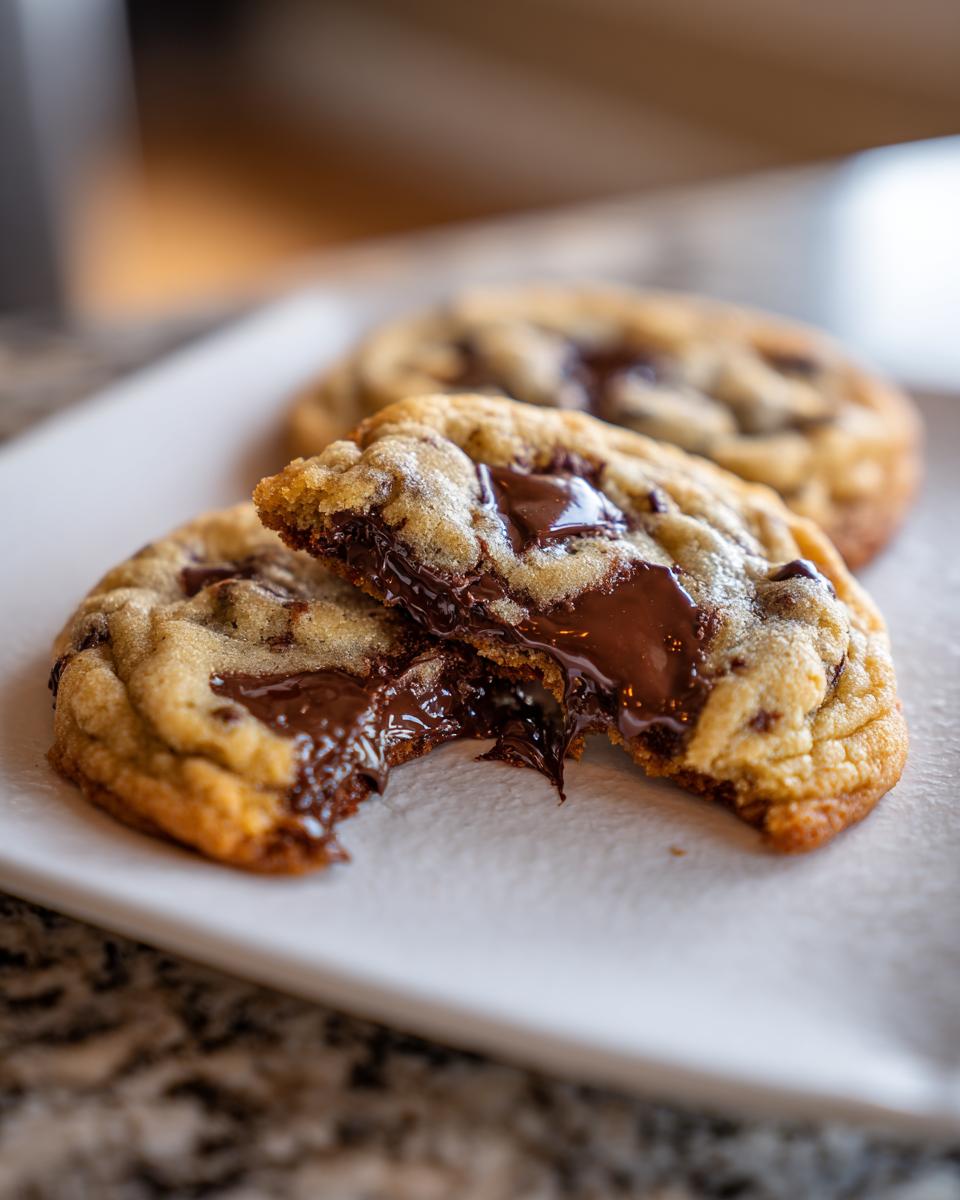 Close-up of a chocolate chip cookie broken in half showing gooey, melted chocolate center.
