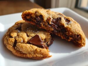 Close-up of an ultimate chocolate chip cookie broken in half, revealing a gooey, melted chocolate center and flaky sea salt.