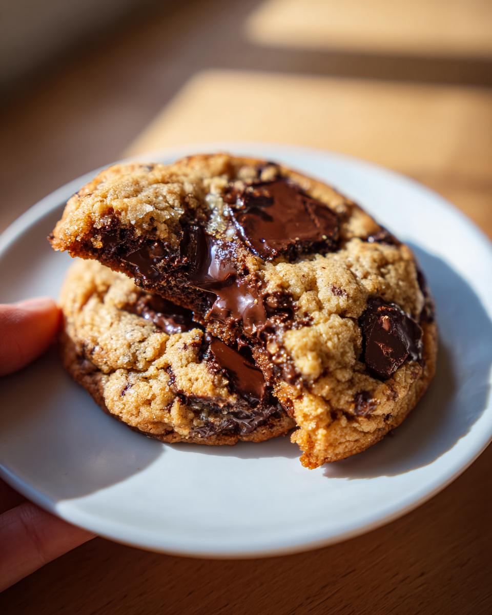 Close-up of an ultimate chocolate chip cookie broken in half, showing gooey, melted chocolate chips.