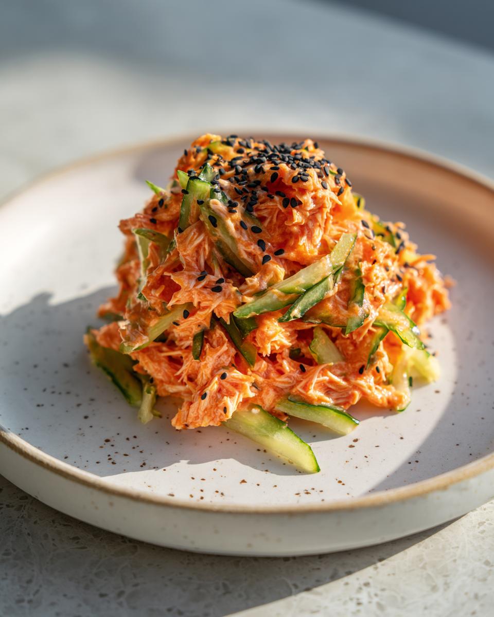 A mound of creamy, orange-hued kani salad mixed with thin cucumber strips and topped with black sesame seeds.