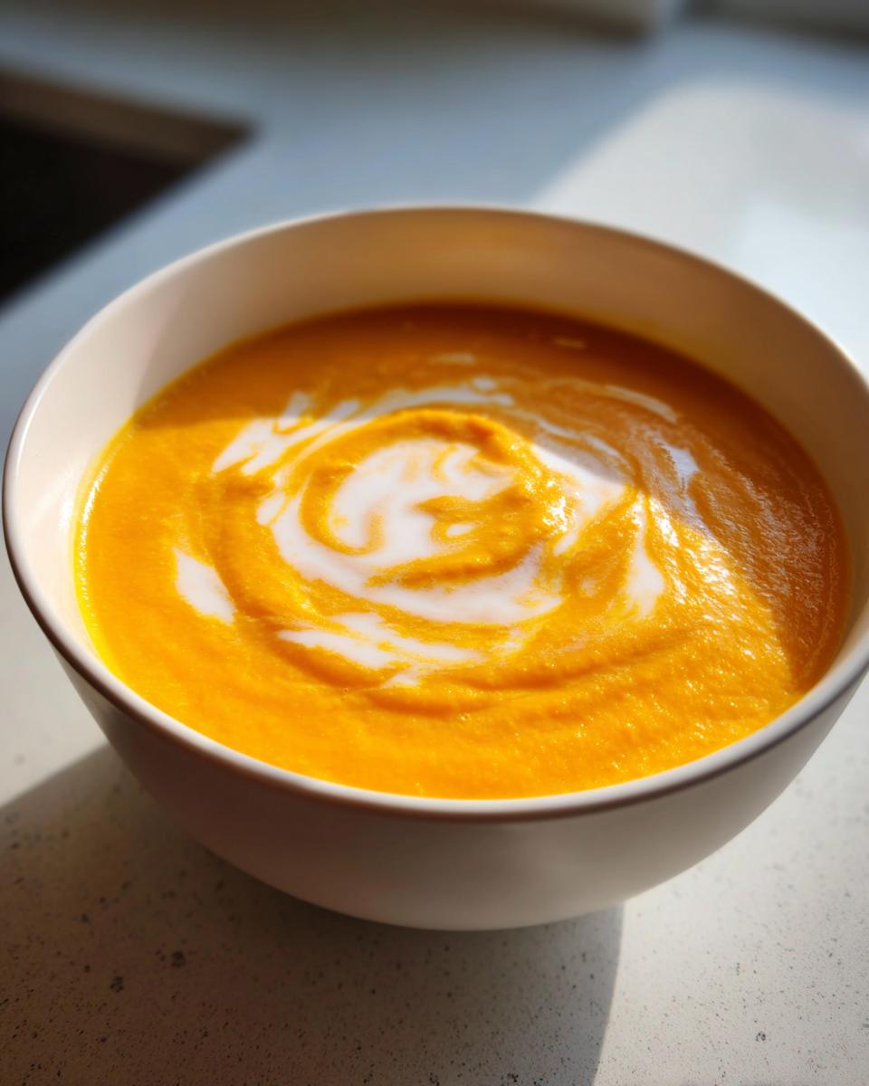 Close-up of bright orange squash soup topped with a swirl of white cream or coconut milk.