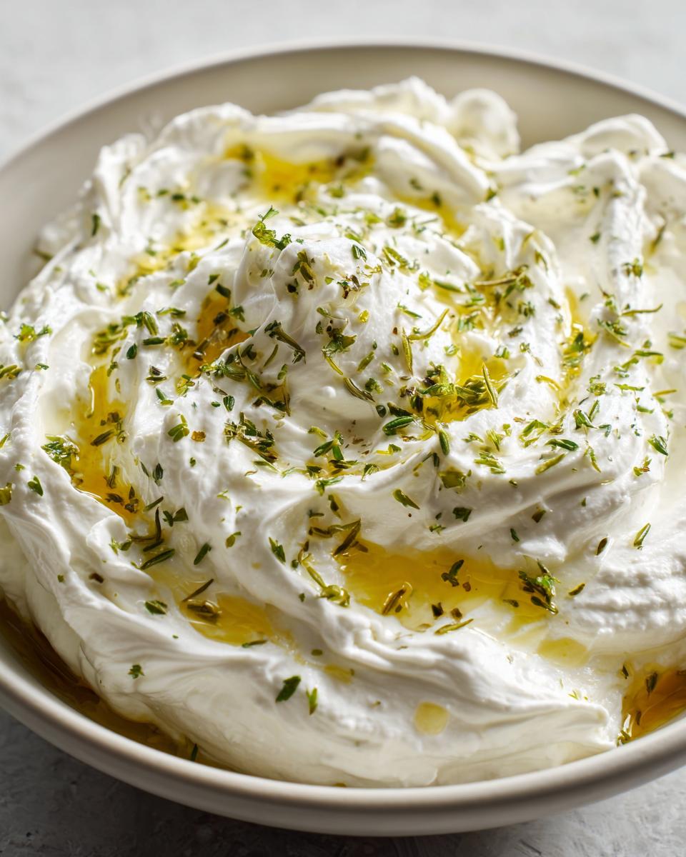 Close-up of creamy whipped goat cheese topped with olive oil and chopped green herbs.