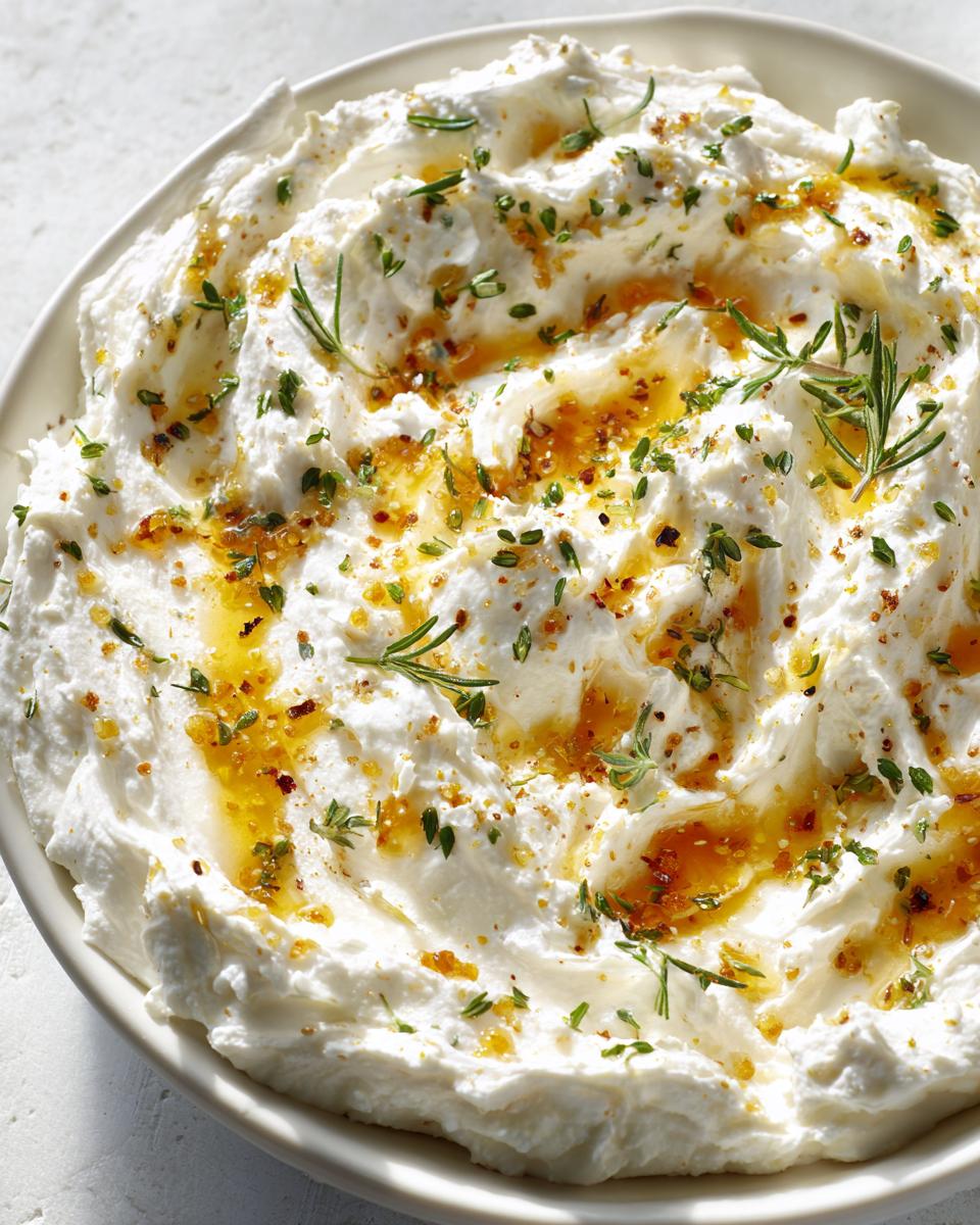 A bowl of fluffy whipped goat cheese drizzled with honey and topped with fresh thyme and rosemary.
