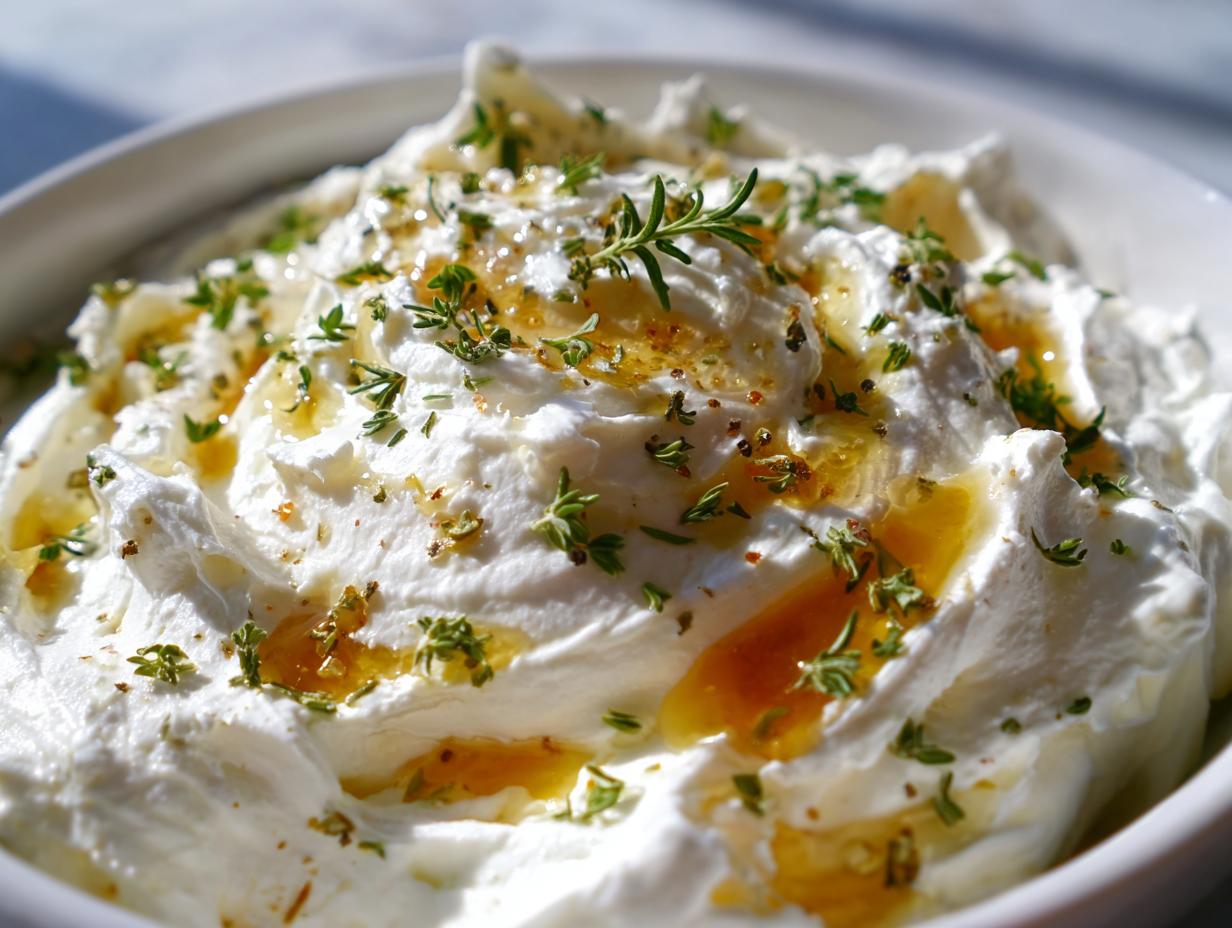 Fluffy white whipped goat cheese topped with golden honey and fresh thyme and rosemary.