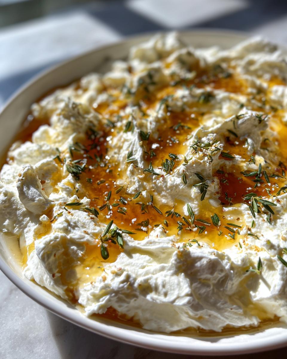 A bowl of creamy whipped goat cheese drizzled with golden honey and fresh thyme.