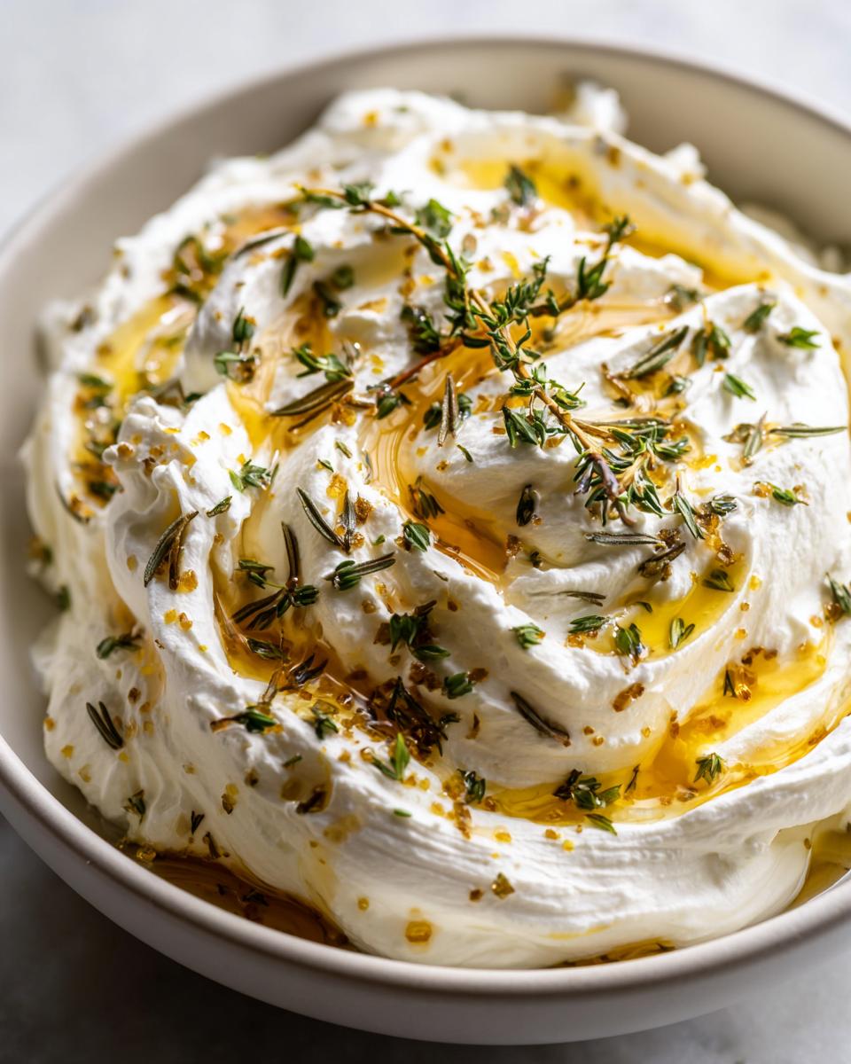 Close-up of fluffy whipped goat cheese topped with golden honey, fresh thyme, and herbs.