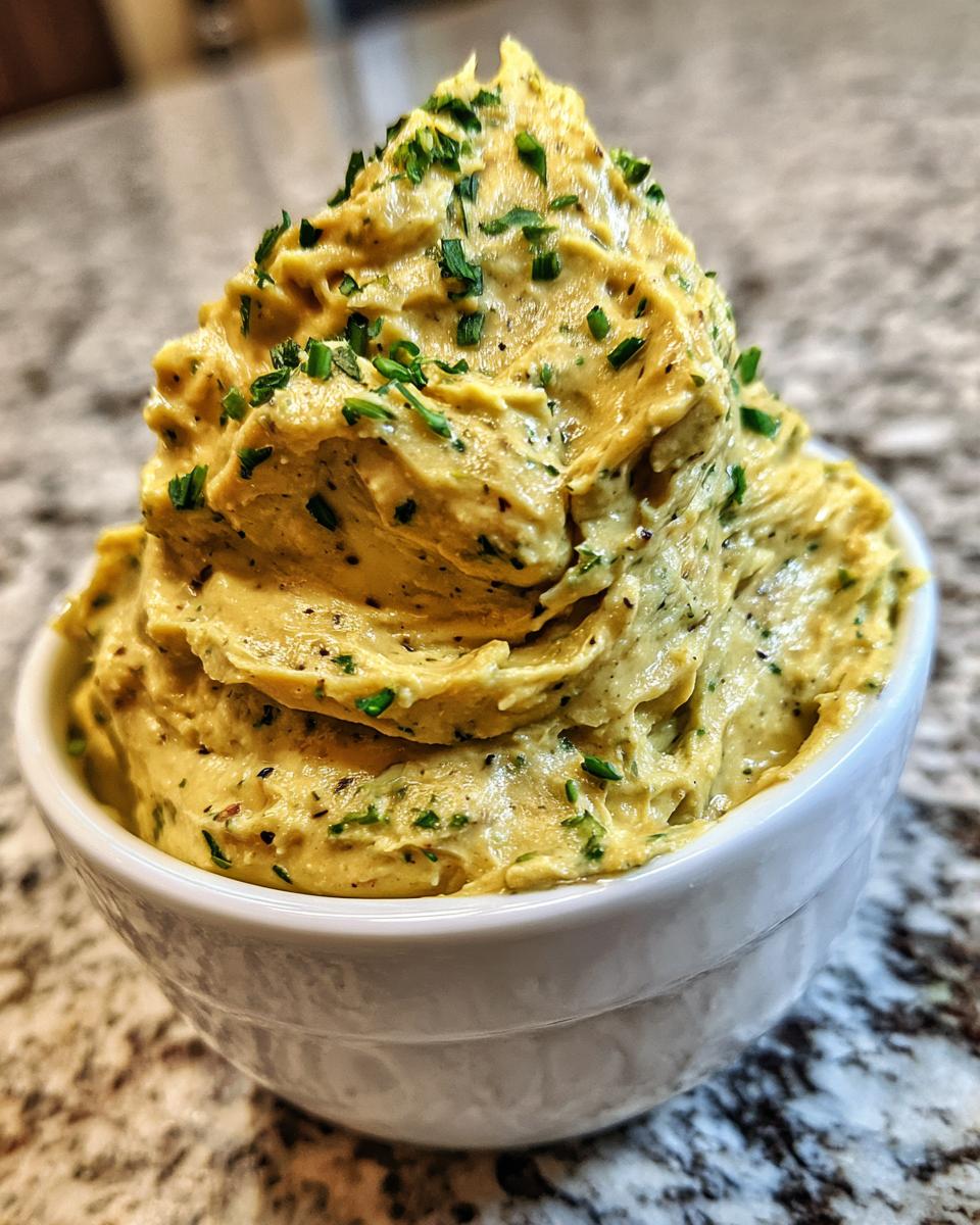 A close-up of a fluffy, whipped yellow olive dip garnished with fresh green chives in a white bowl.