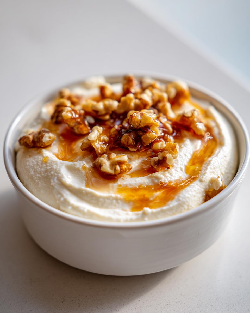 Close-up of creamy whipped ricotta dip topped with hot honey drizzle and candied walnuts.