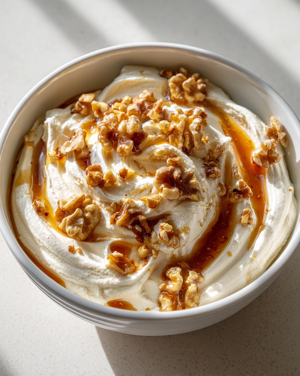 Close-up of creamy whipped ricotta dip with hot honey drizzle and chopped walnuts.