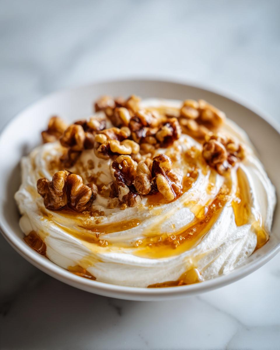 A close-up of creamy whipped ricotta dip swirled in a white bowl, drizzled with honey and topped with candied walnuts.