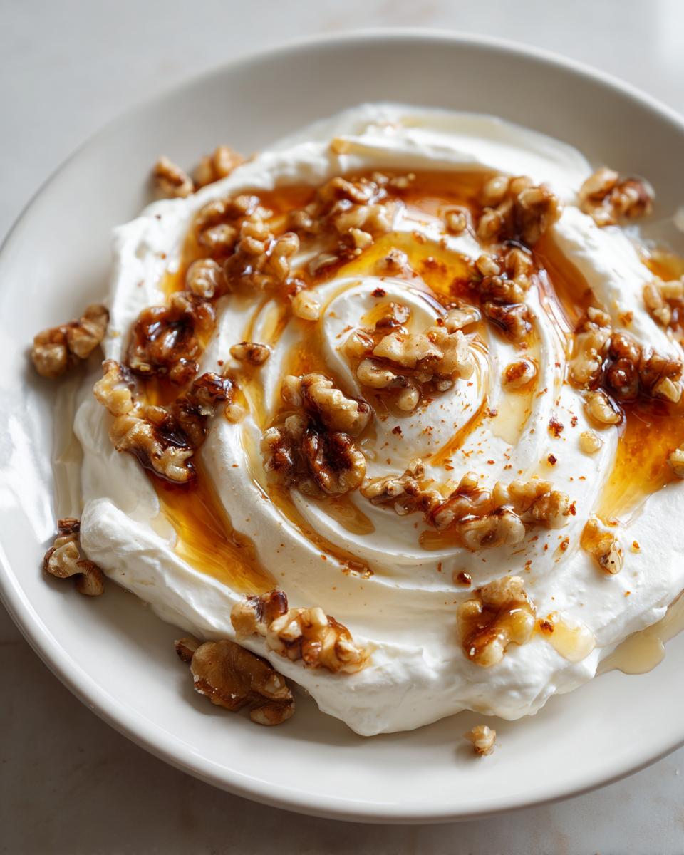 Close-up of creamy whipped ricotta dip swirled in a white bowl, topped with walnuts and a drizzle of golden honey.