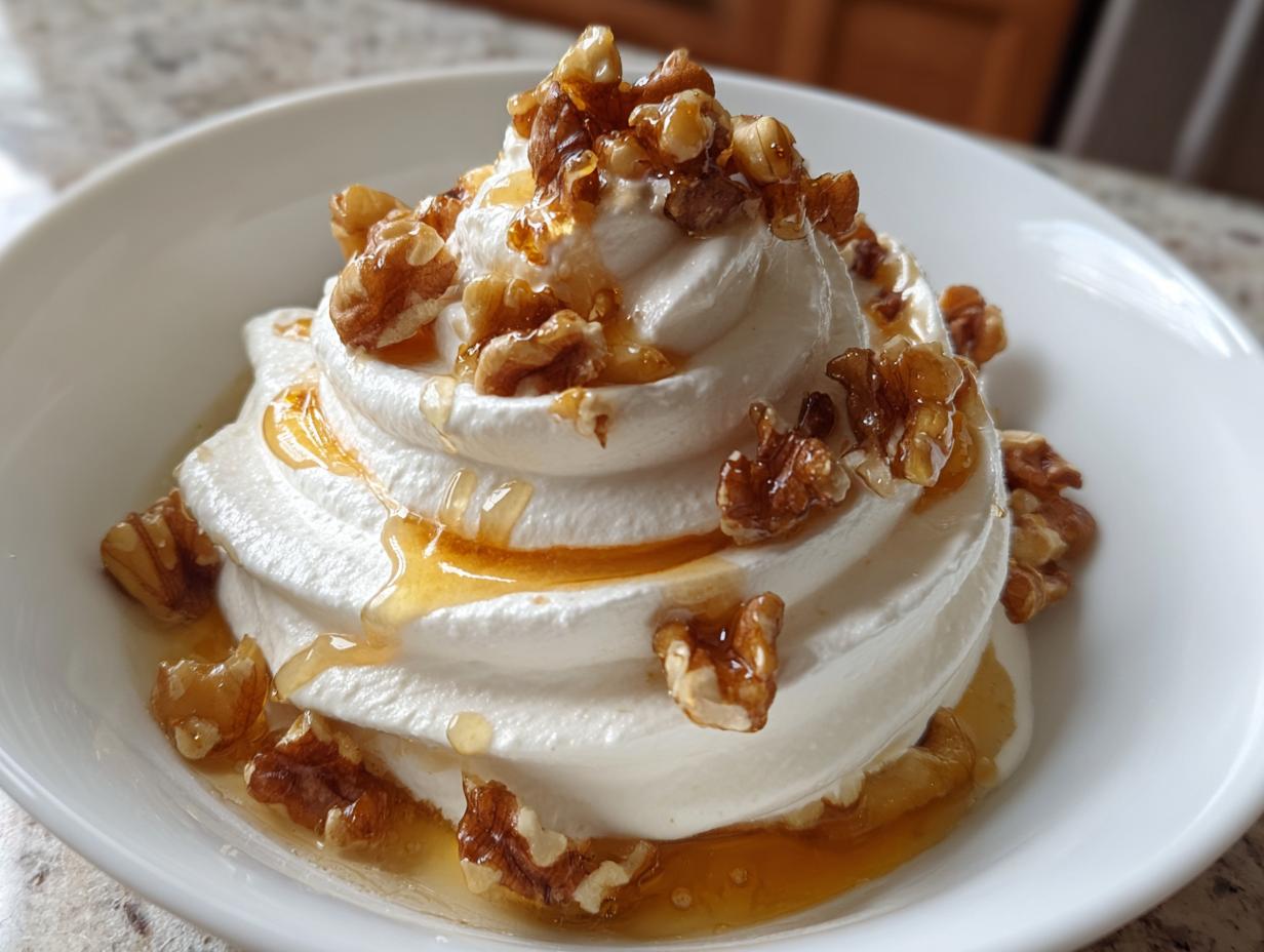 A swirl of creamy whipped ricotta dip topped with candied walnuts and drizzled with honey.