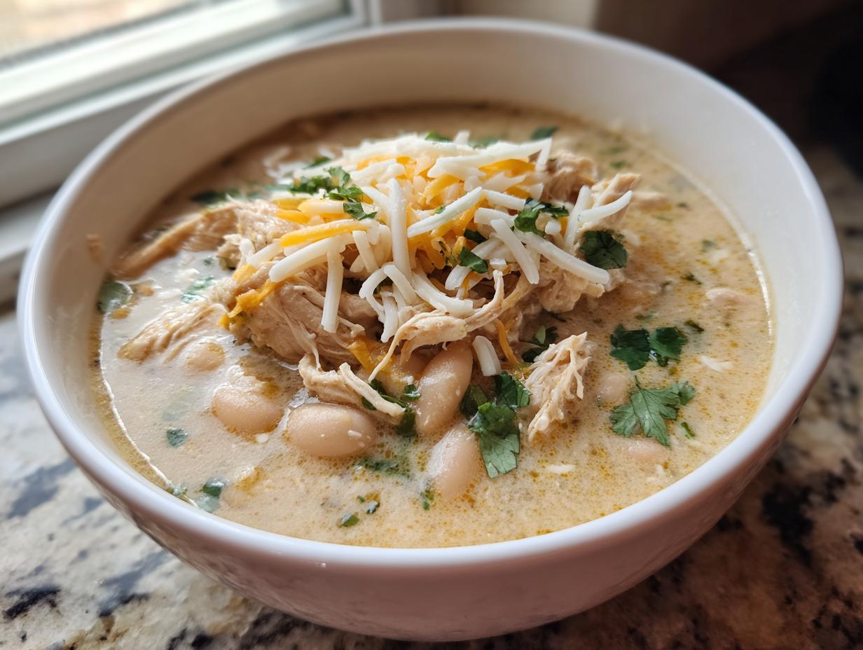 Close-up of a creamy white chicken chili recipe bowl topped with shredded chicken, white beans, mixed cheese, and cilantro.