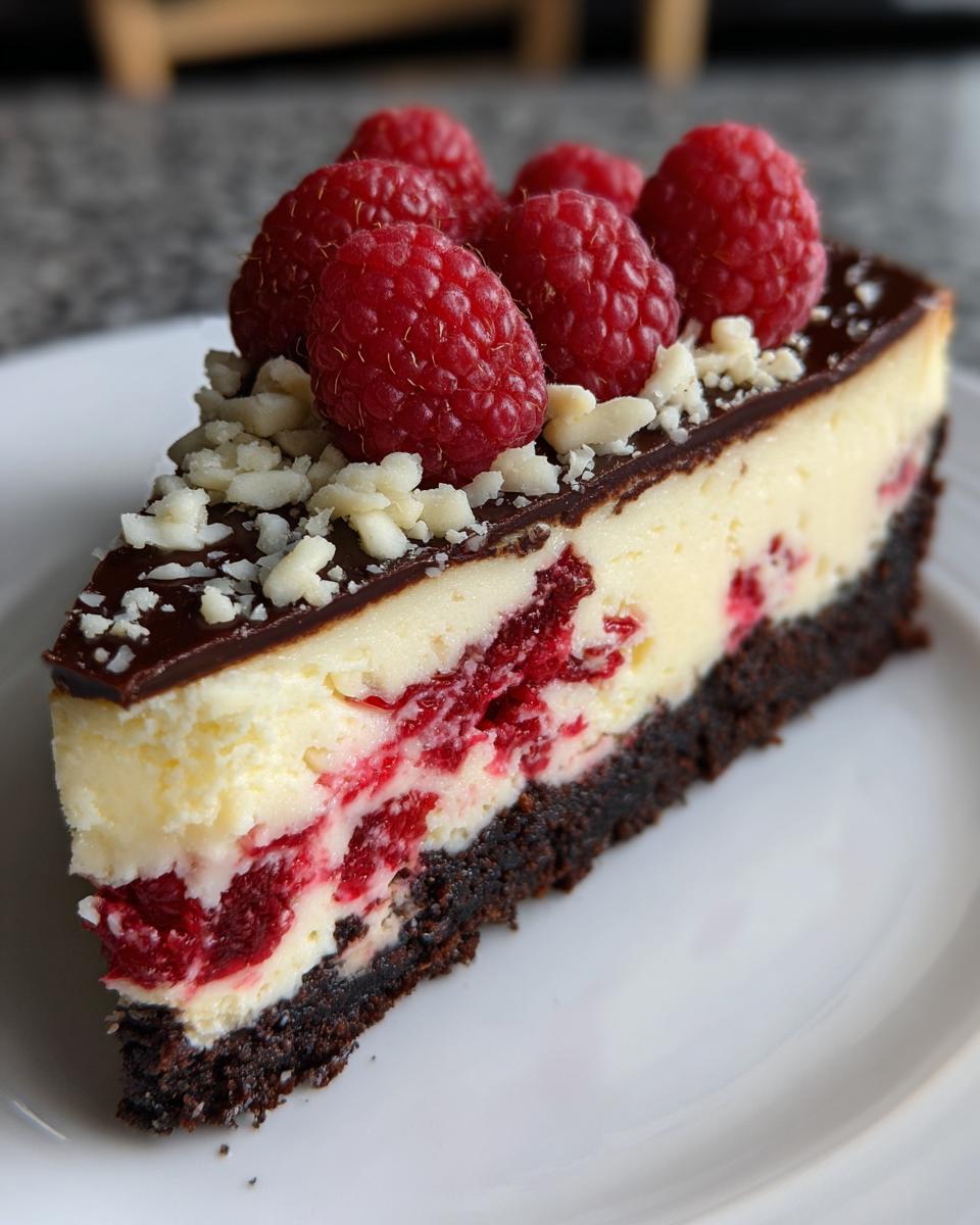 A decadent slice of white chocolate raspberry cheesecake topped with fresh raspberries and chocolate ganache.