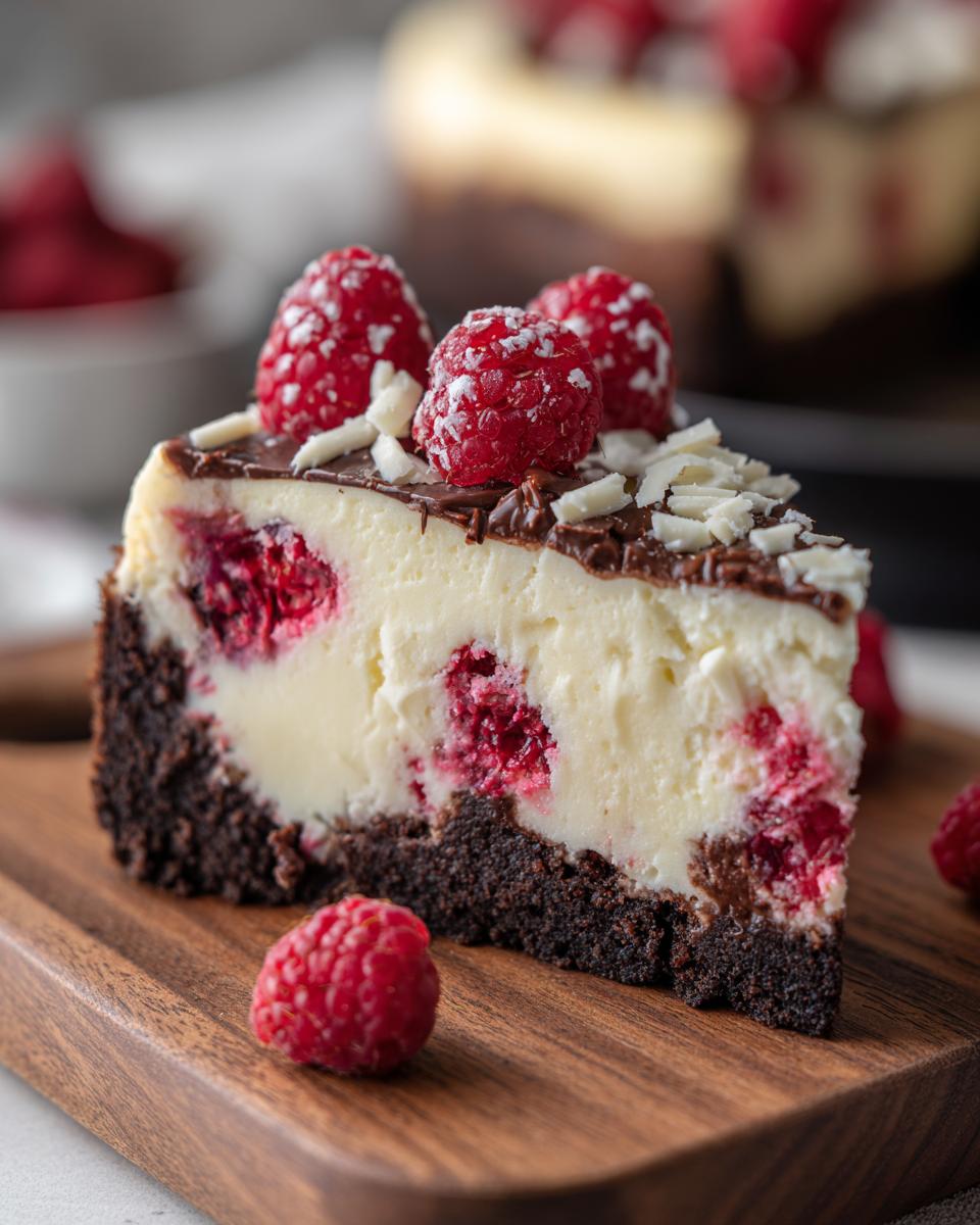 A decadent slice of white chocolate raspberry cheesecake with a dark crust, topped with chocolate ganache and fresh raspberries.