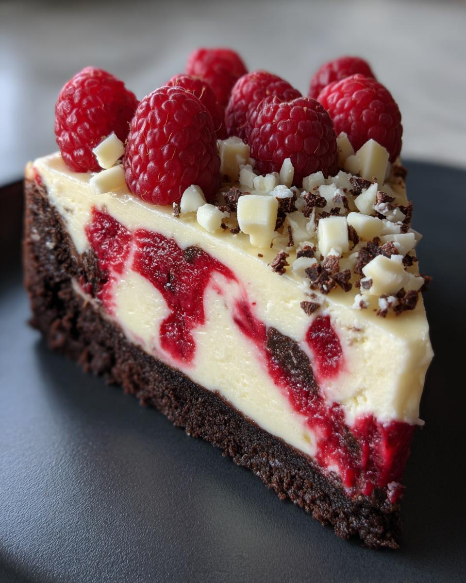 A beautiful slice of white chocolate raspberry cheesecake with a dark crust, raspberry swirl, and topped with fresh raspberries and white chocolate shavings.