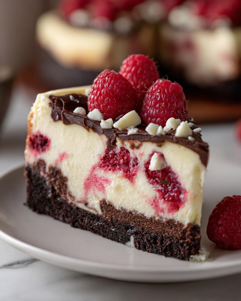 A decadent slice of white chocolate raspberry cheesecake with a brownie crust, topped with chocolate ganache and fresh raspberries.