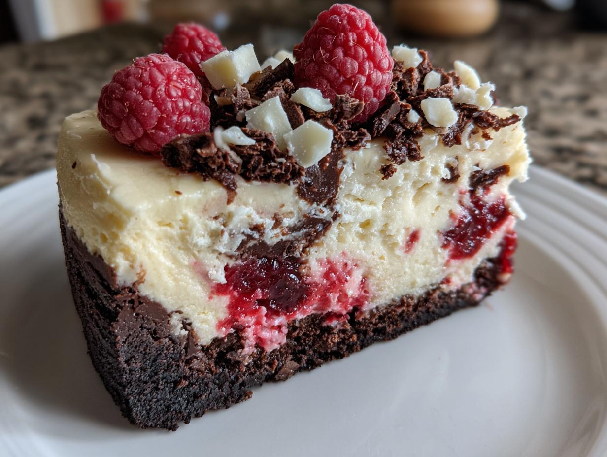 Close-up of a rich slice of white chocolate raspberry cheesecake with a dark crust, topped with fresh raspberries.