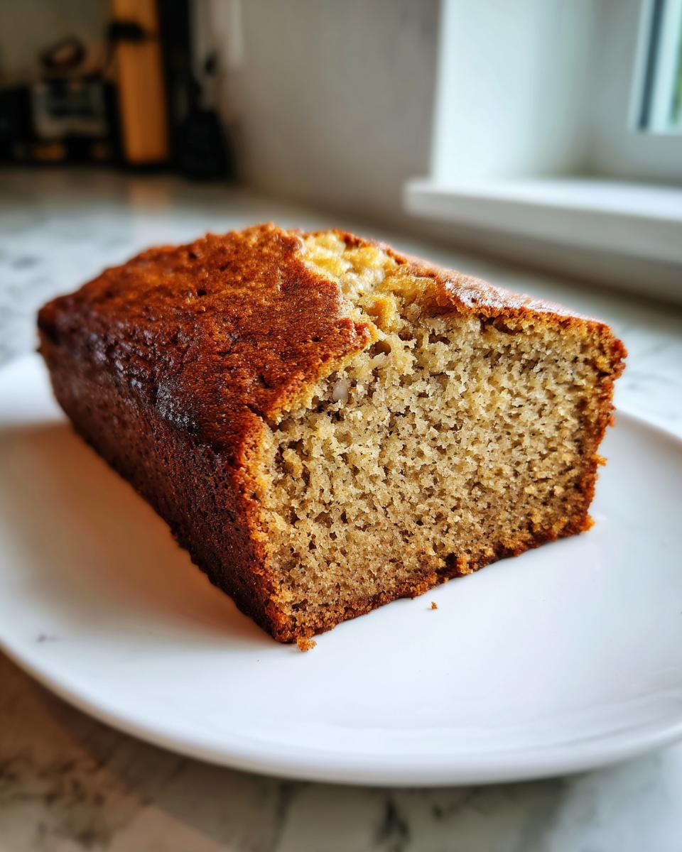 A golden-brown loaf of moist banana bread recipe, sliced open on a white plate.