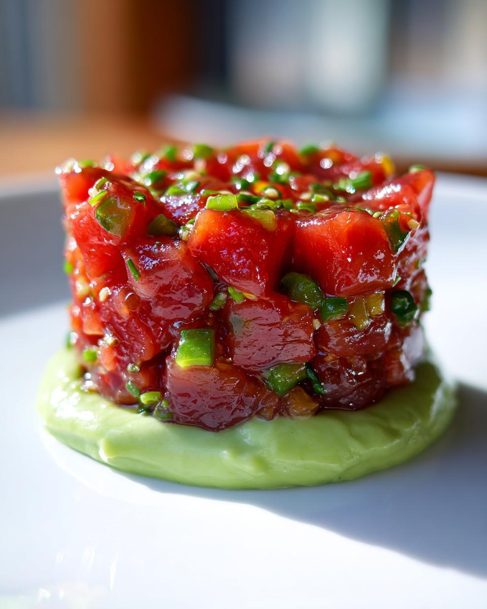 Close-up of a cylindrical serving of vibrant red tuna tartare garnished with green onions, resting on a smooth bed of light green avocado puree.