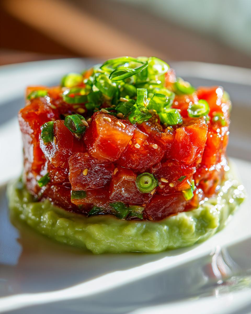 Close-up of a perfectly molded tuna tartare stack served over a bed of bright green avocado puree, topped with scallions.