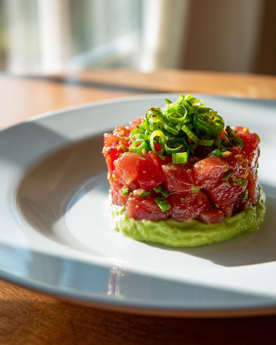A beautifully molded serving of fresh tuna tartare stacked on a bed of bright green avocado puree, topped with sliced green onions.