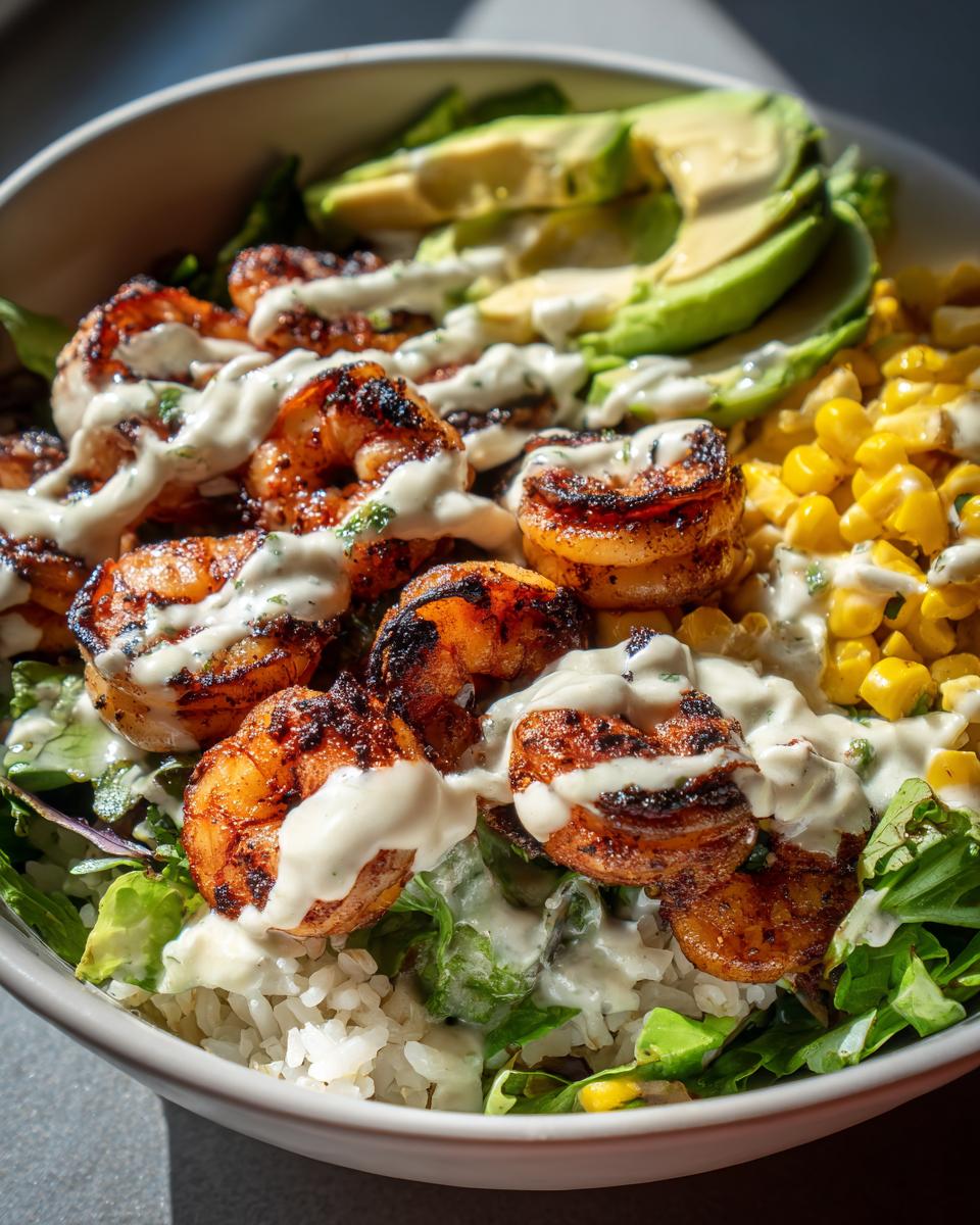 Close-up of a vibrant shrimp bowl featuring grilled shrimp, avocado slices, corn, and creamy white sauce over rice and greens.
