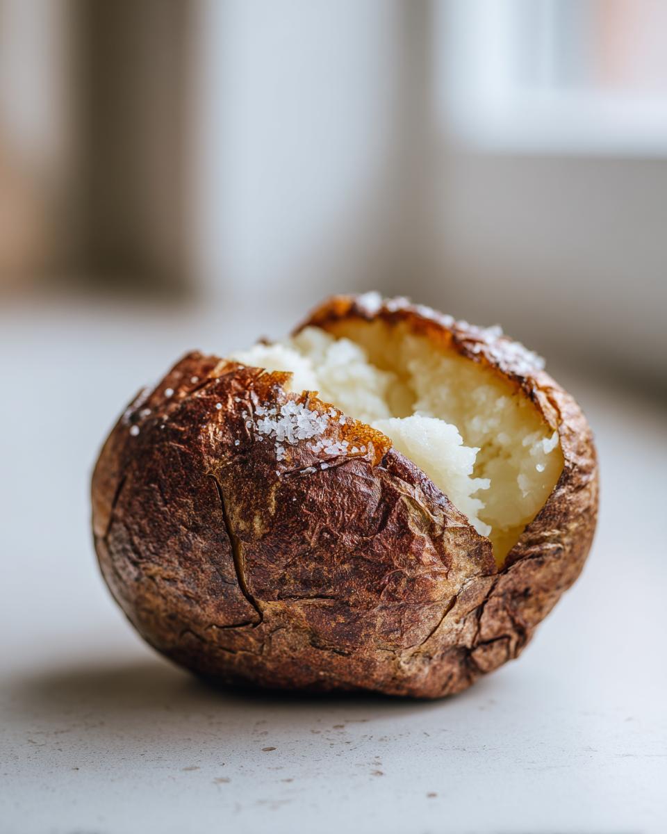 Close-up of a perfectly cooked air fryer baked potato with crispy skin and coarse salt.