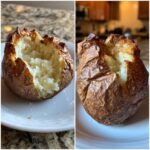 Split open, fluffy interior of a perfectly cooked air fryer baked potato with a crispy, seasoned skin.