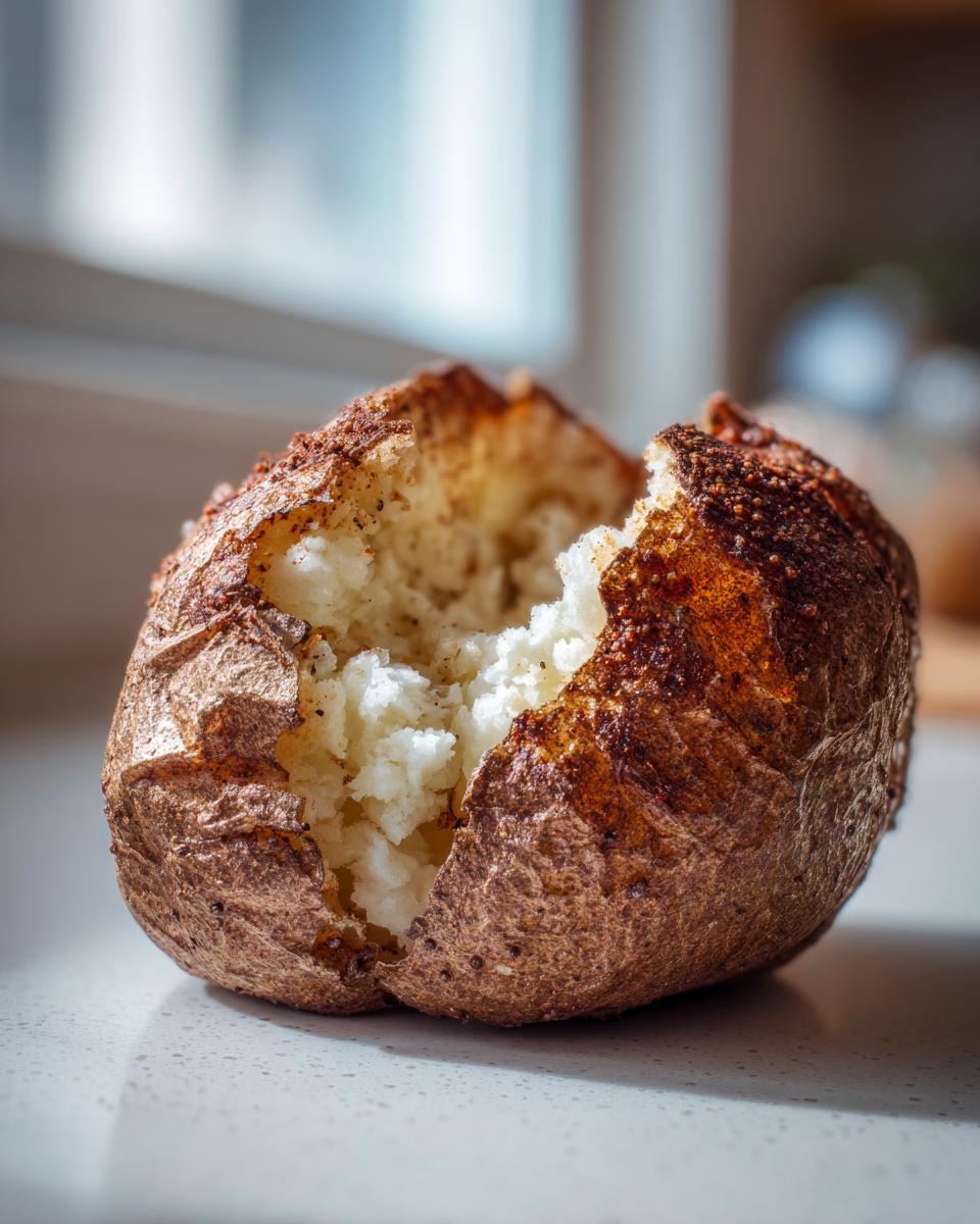 Close-up of a fluffy air fryer baked potato split open, showing the soft interior and crispy, seasoned skin.