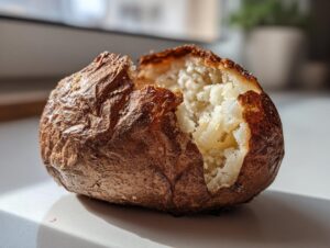 Close-up of a fluffy air fryer baked potato with a dramatically split, crispy, brown skin.