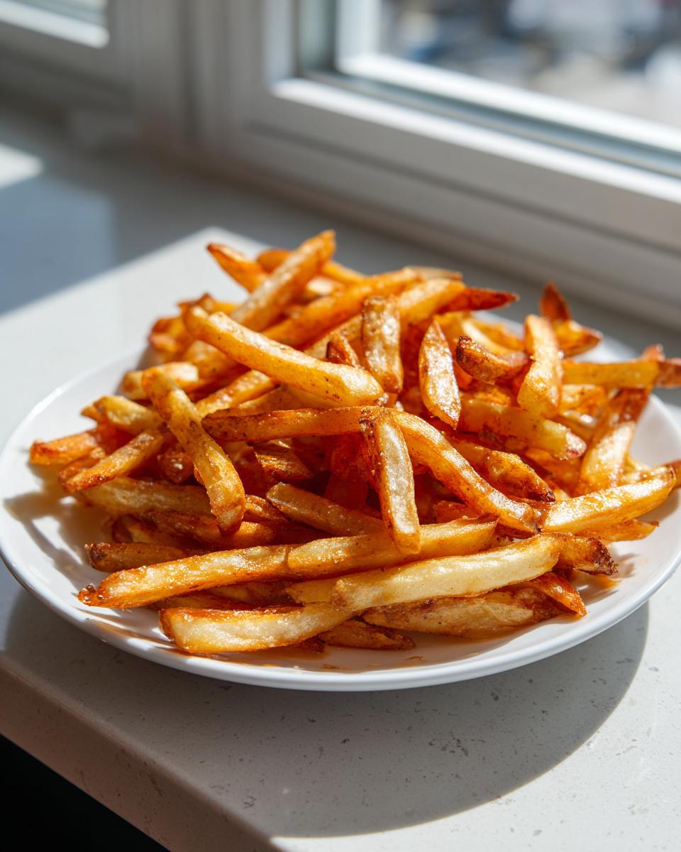A generous serving of golden brown, crispy air fryer french fries piled high on a white plate near a window.