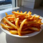 A generous pile of perfectly golden, crispy air fryer french fries served on a white plate.