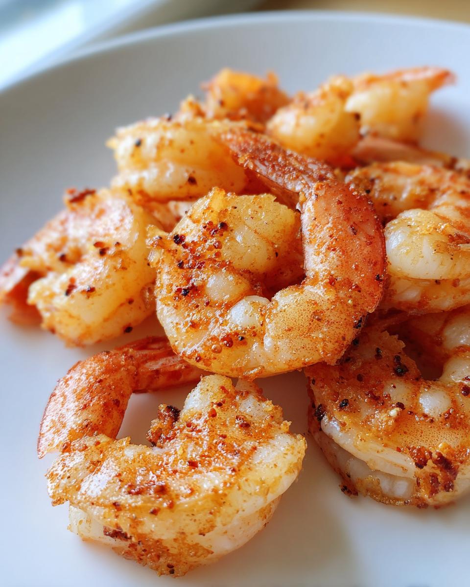 Close-up of seasoned, cooked air fryer frozen shrimp piled on a white plate, showing crispy edges.