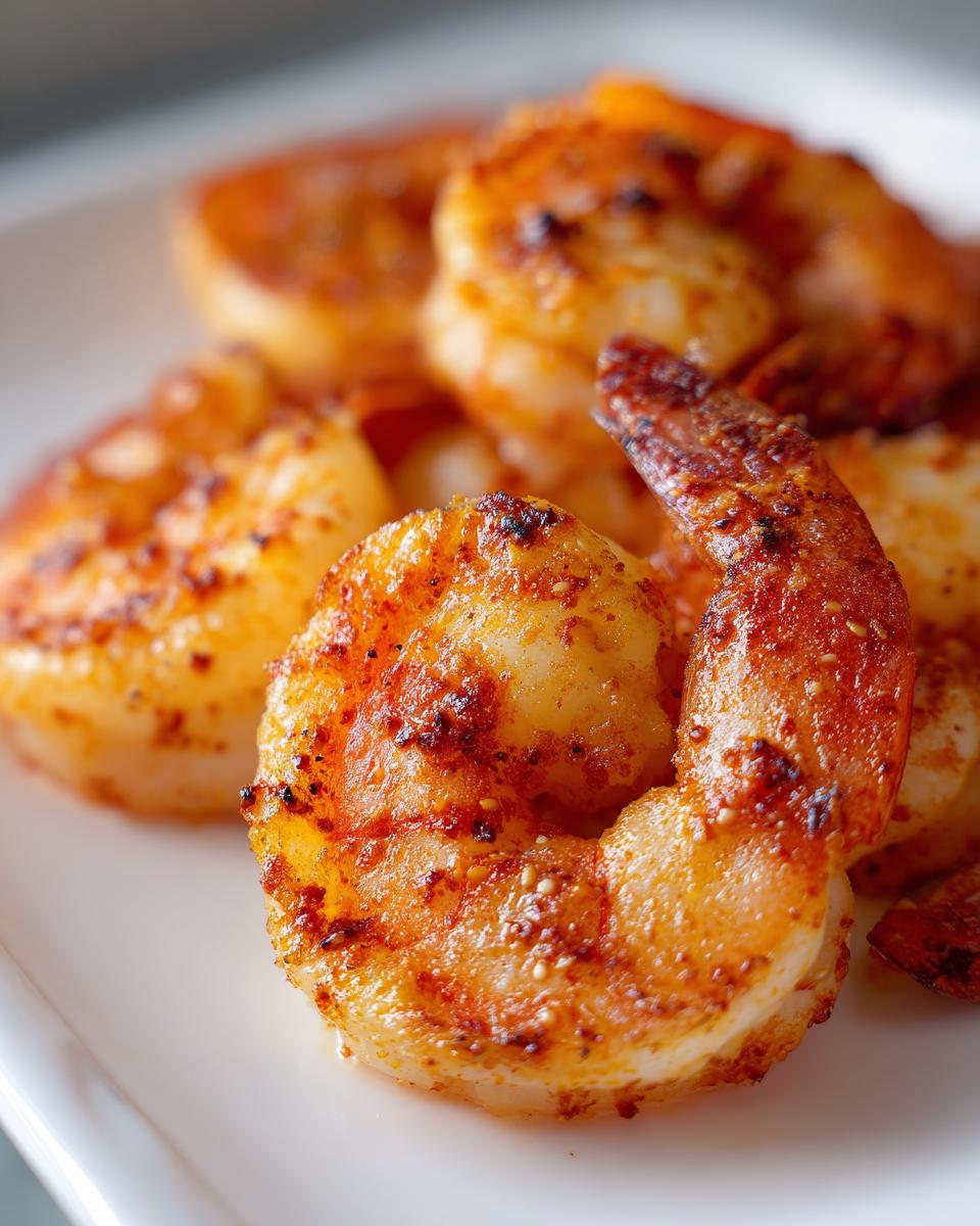 Close-up of seasoned, cooked air fryer frozen shrimp piled on a white plate.