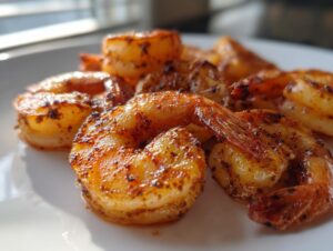 Close-up of seasoned, cooked air fryer frozen shrimp piled on a white plate, showing golden-brown, slightly charred edges.