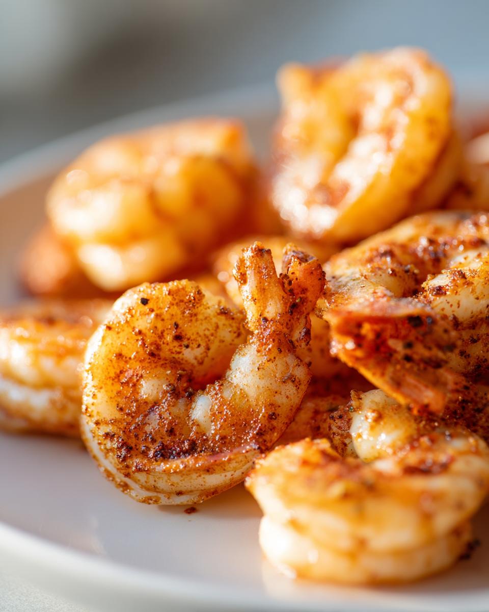 Close-up of plump, cooked air fryer frozen shrimp seasoned with paprika and spices on a white plate.