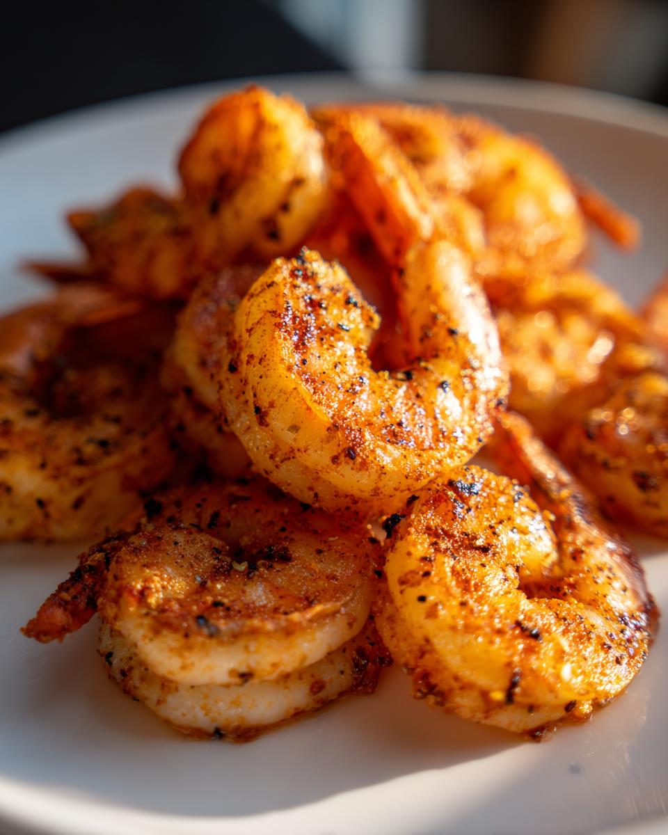 Close-up of perfectly cooked, seasoned air fryer frozen shrimp piled on a white plate.